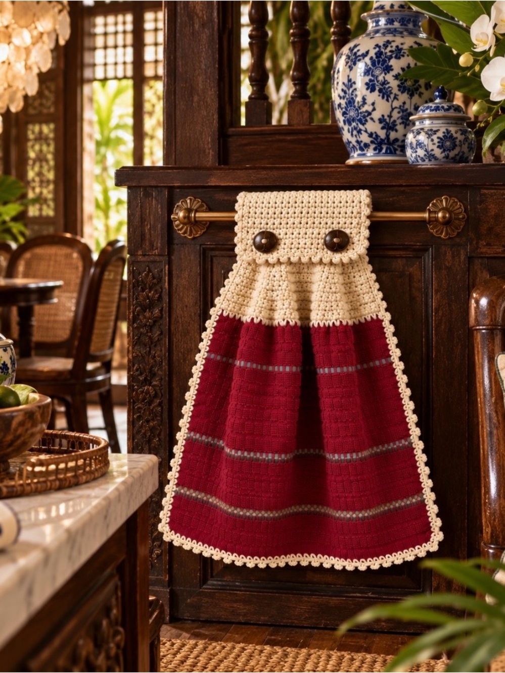 Mainstays Cranberry Crochet Hanging Kitchen Towel Handmade